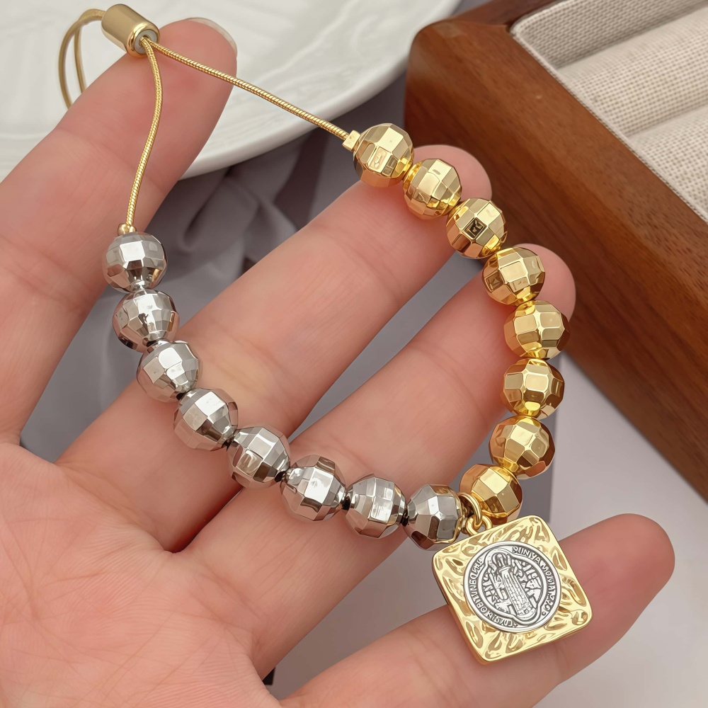 Two-tone Faceted Laser Bead Pendant Double-sided Plated Two-tone Geometric Accessories Plated With 18K Real Gold Vintage Suitable For Men And Women