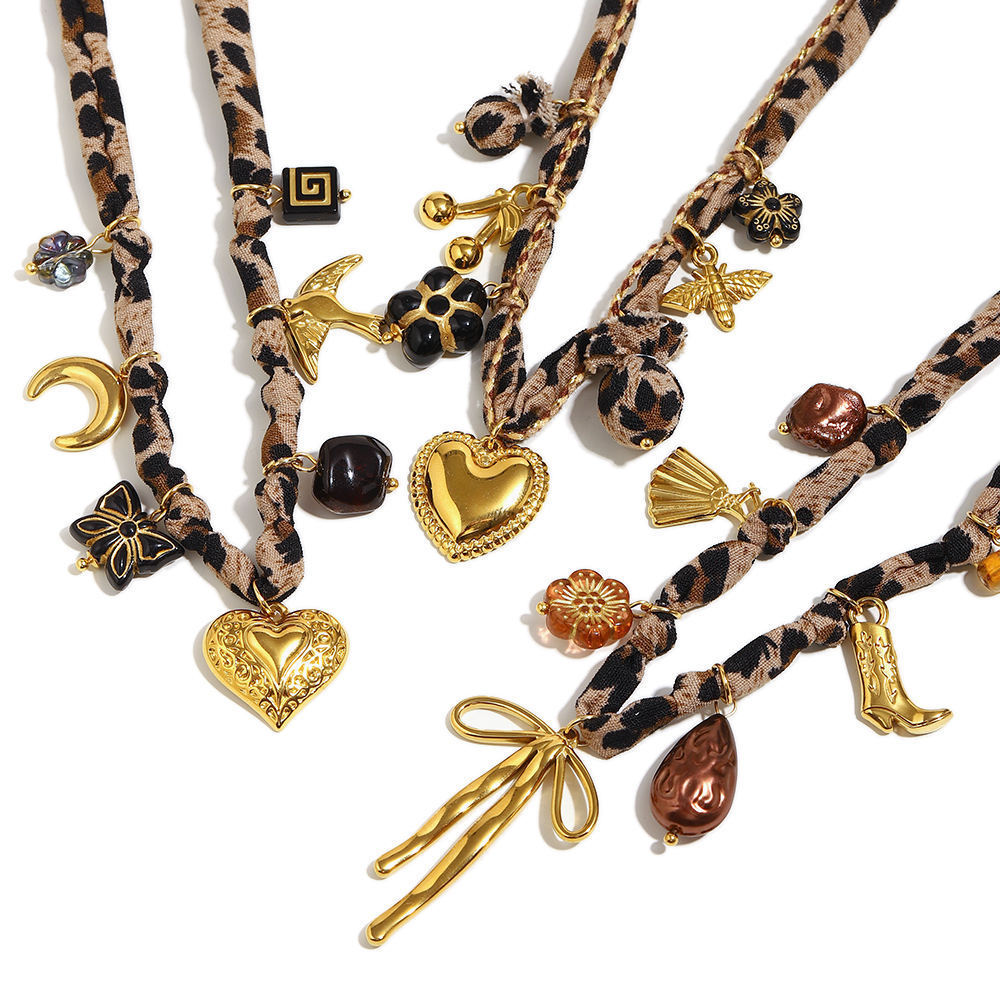 Geometric Leopard Print Tassel Bowknot Shell Heart Pendant 304 Stainless Steel Polyester Multi-Chain Women's Luxurious Fall Winter Accessories