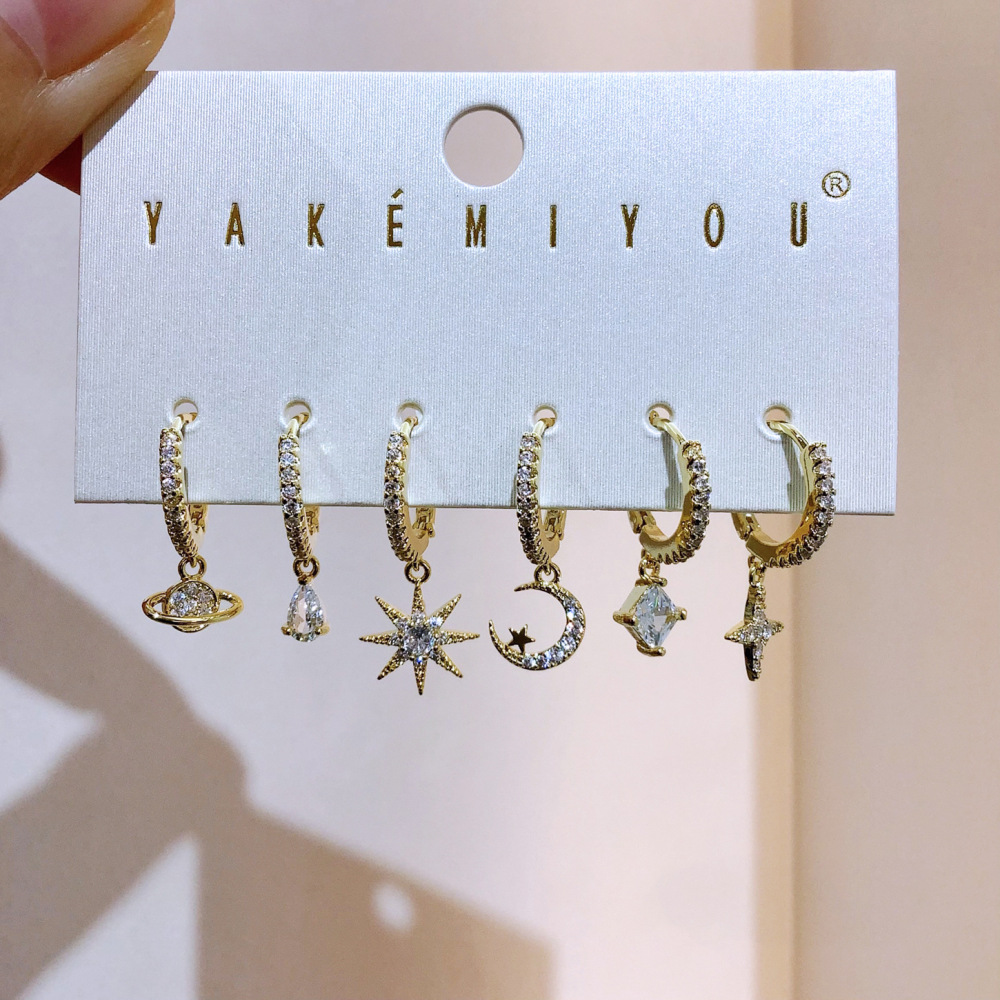 Saturn Moon Star Micro Inlaid Earrings Set 6 Pieces Rose Gold Copper Material Women's Jewelry Accessories