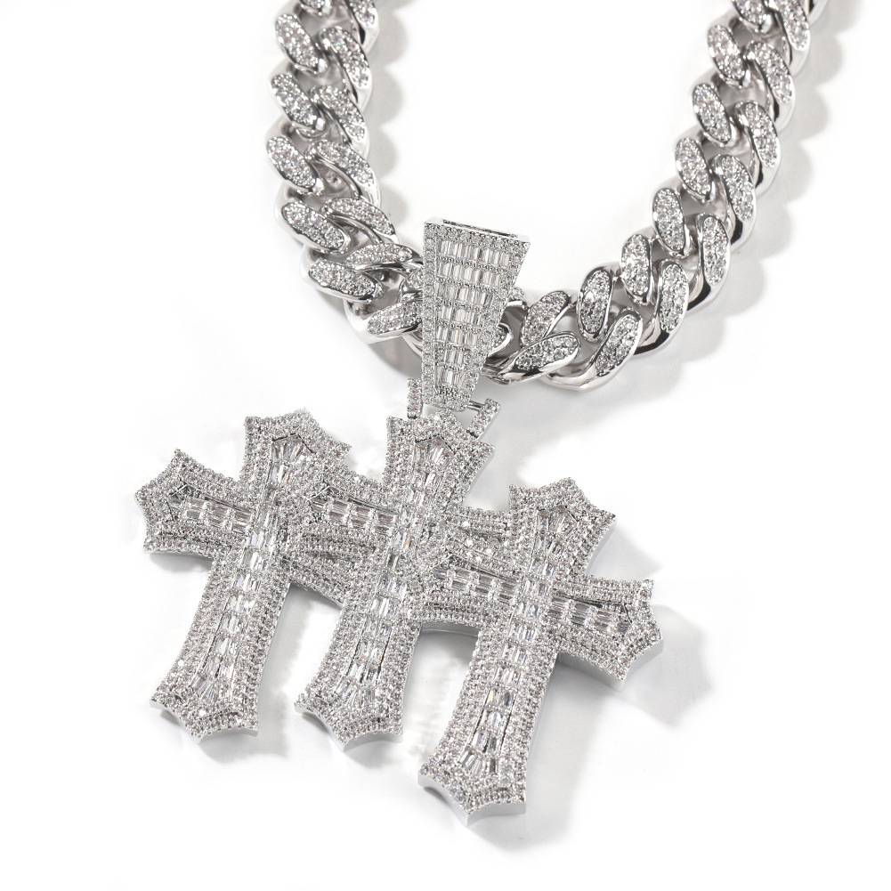 Hip Hop Cross Pendant Necklace Set Cuban Chain Zirconia Embedded Copper Geometric Patterned Jewelry For Men And Women