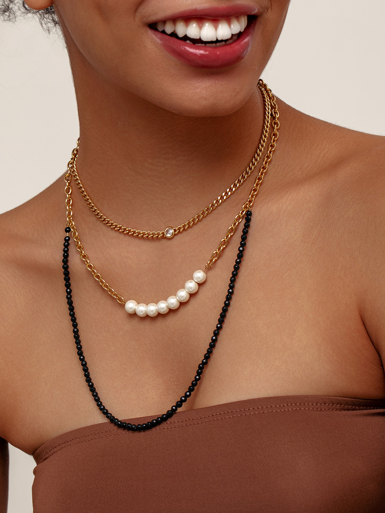 Personalized Design Crystal Imitation Pearl Stitching Titanium Steel Geometric Pattern Women's Necklace Jewelry Accessories