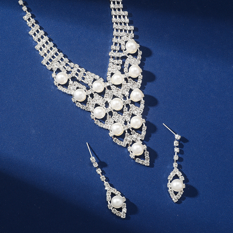 Pearl Rhinestone Necklace Earrings Set Wedding Party Dress Zinc Alloy Jewelry Accessories For Women