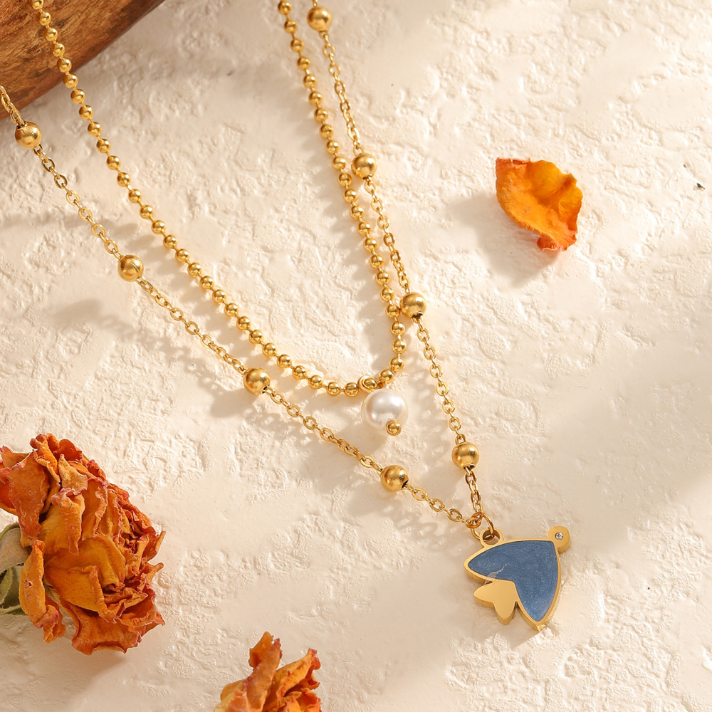 Two-Layer Oregon Drip Oil Cartoon Penguin Pearl Necklace Shell Sea Turtle Fish Ocean Animal Jewelry Accessories Stainless Steel