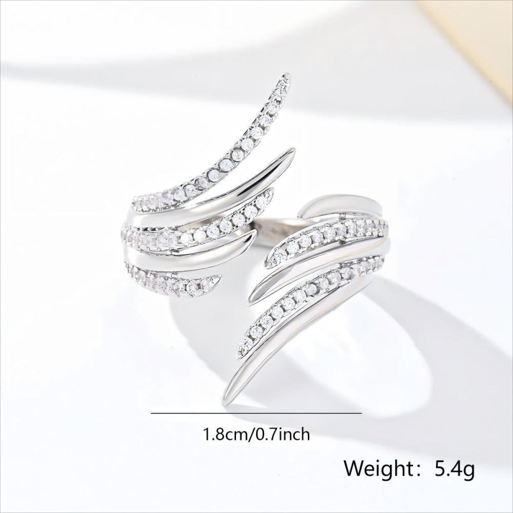 1 Piece Copper Inlaid Zircon Feather Design Luxurious Fashion Exaggerated Women's Ring Party Evening Accessories