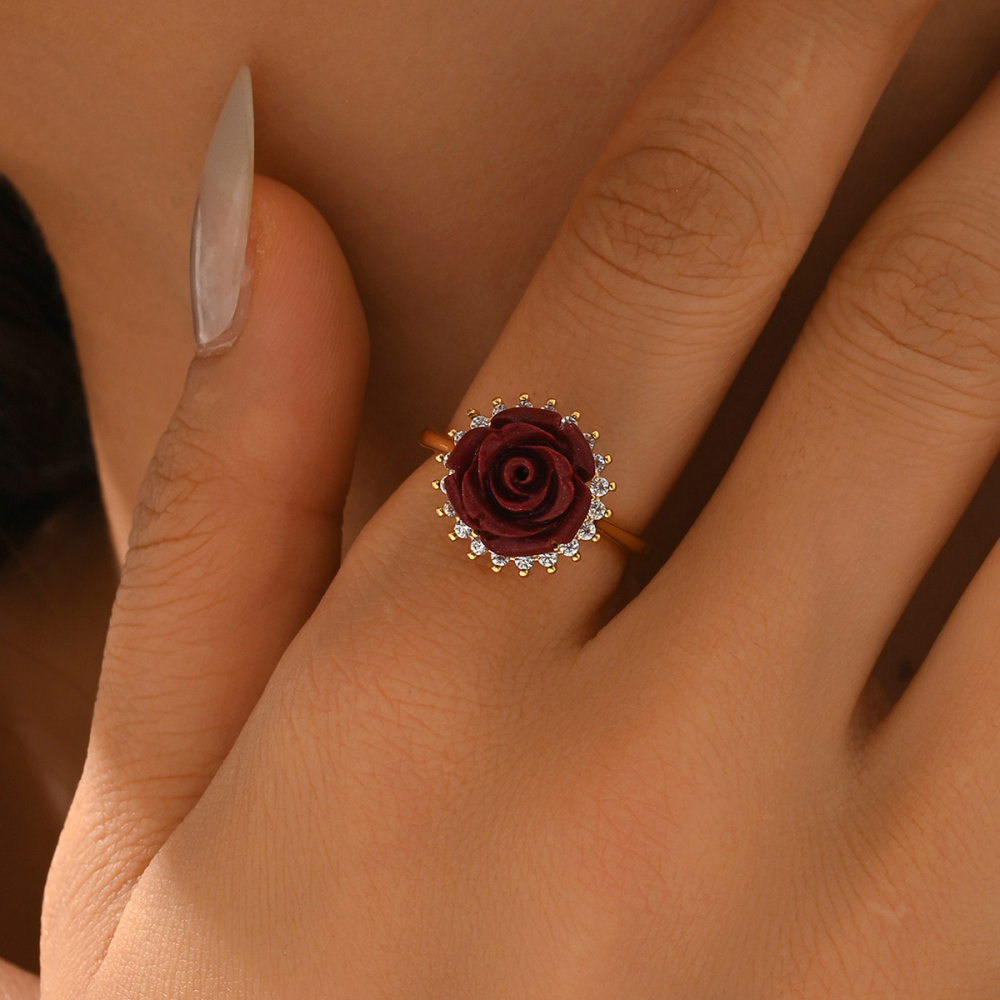 1 Piece Copper Inlaid Zircon And Cinnabar Material Rose Shape Vintage Simple High-end Sense Women's Ring Party Banquet Jewelry Accessories