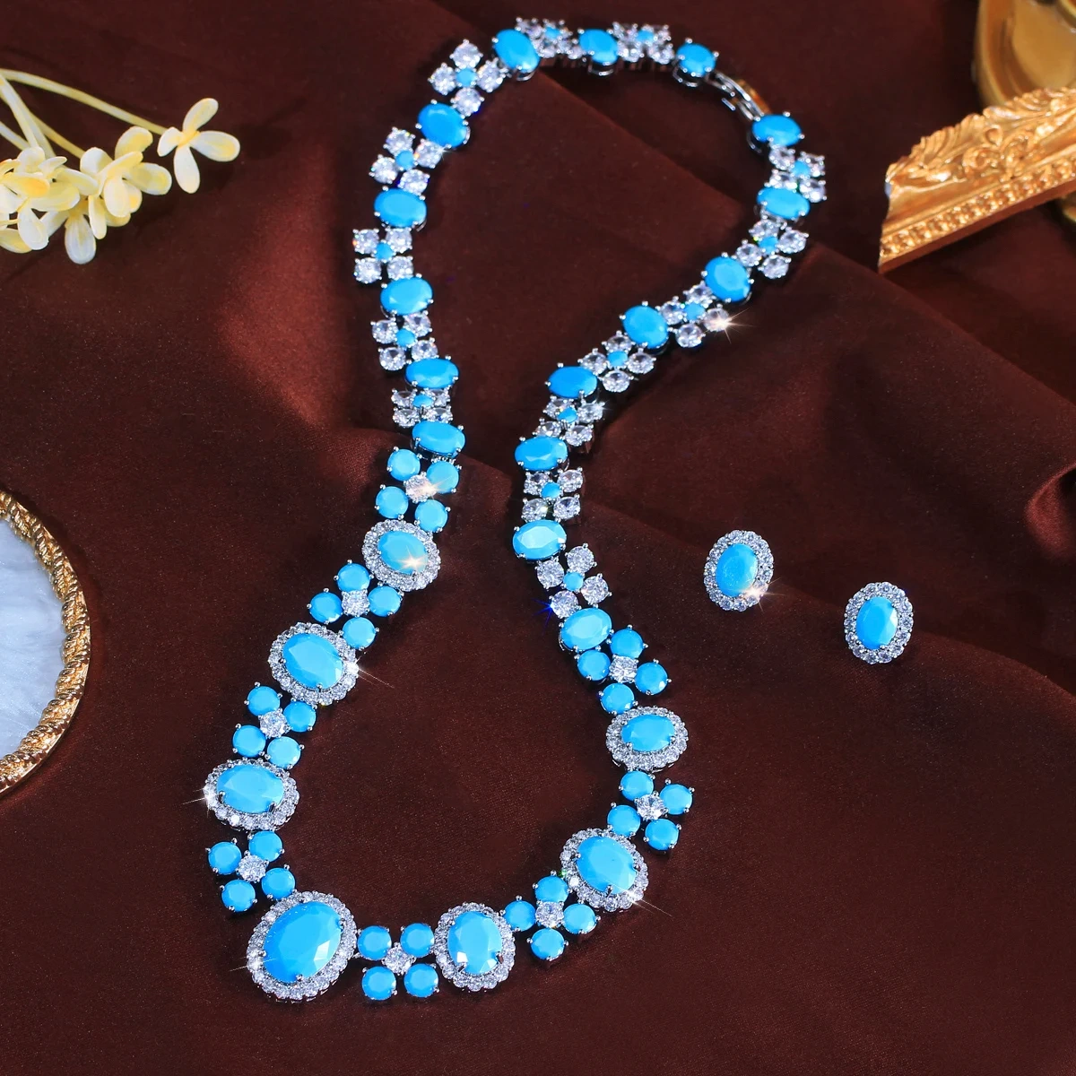 Water Plated White Gold Copper Material Inlaid Blue Turquoise/Zircon Women's Wedding Necklace Earring Set Two-Piece Set Palladium Plated
