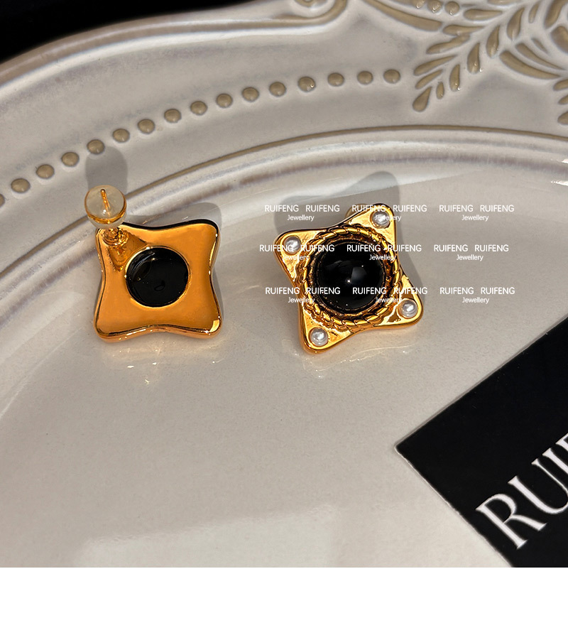 Fashionable Square Black Agate Pearl Stud Earrings Luxury Simple Stylish European Style Women's Jewelry Accessories