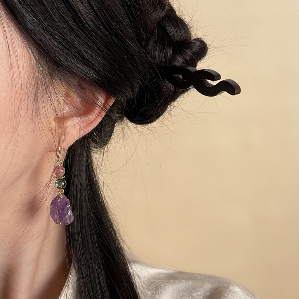 Natural Amethyst Earrings Handmade Original Design Chinese Style Irregular Geometric Pattern Women Jewelry Accessories Healing