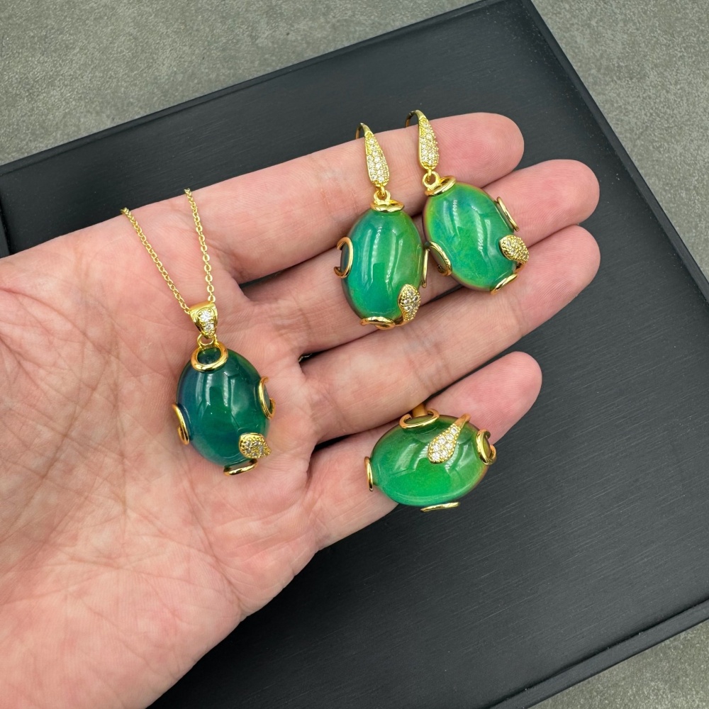 New Fashionable Three-Set Color-Changing Stone Jewelry Elegant Luxury Light Luxury Style Thermal Stone Accessories Leaf Pattern