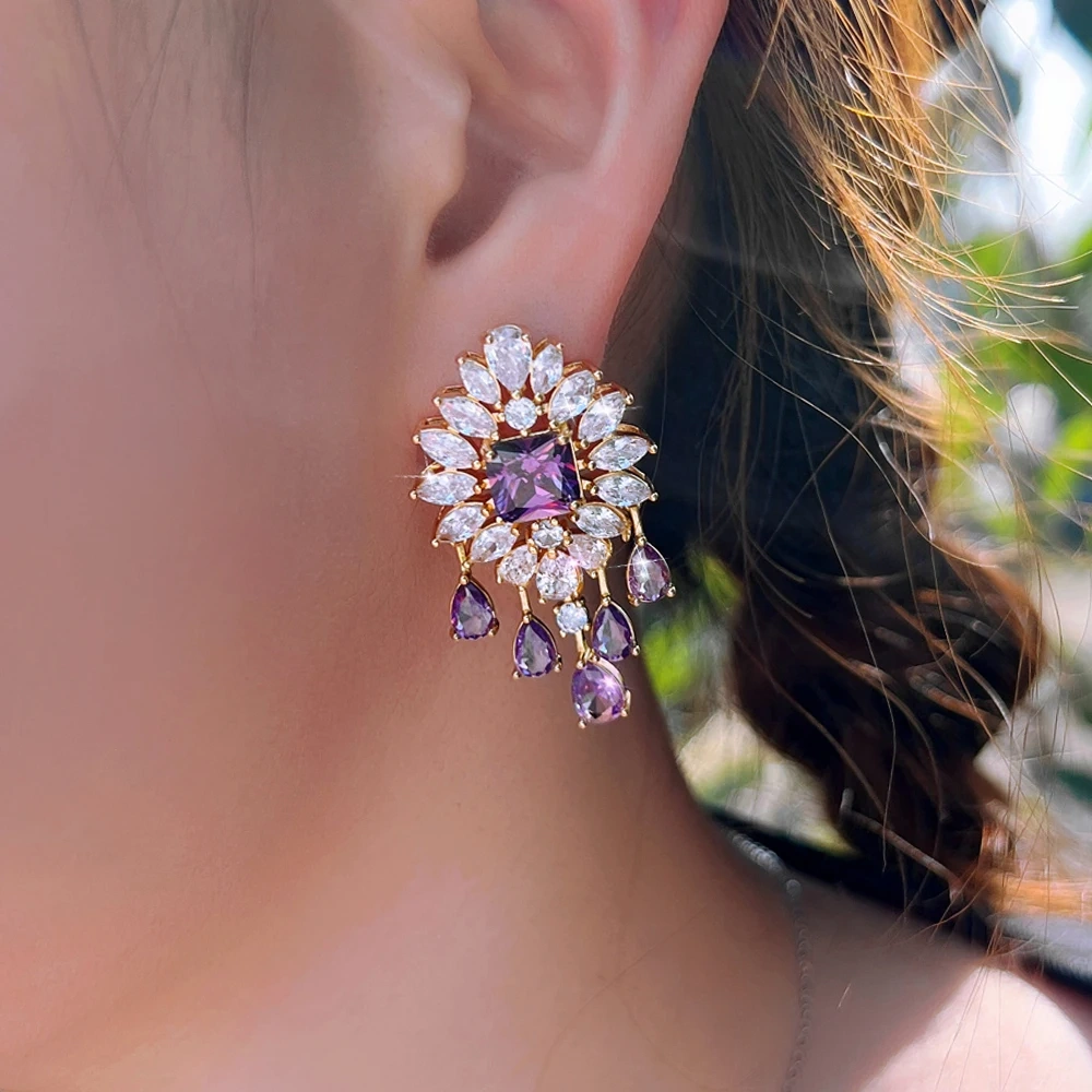 Quality Charming Purple CZ Crystal Big Flower Long Drop Tassel Earrings For Women Fashion Dancing Party Jewelry