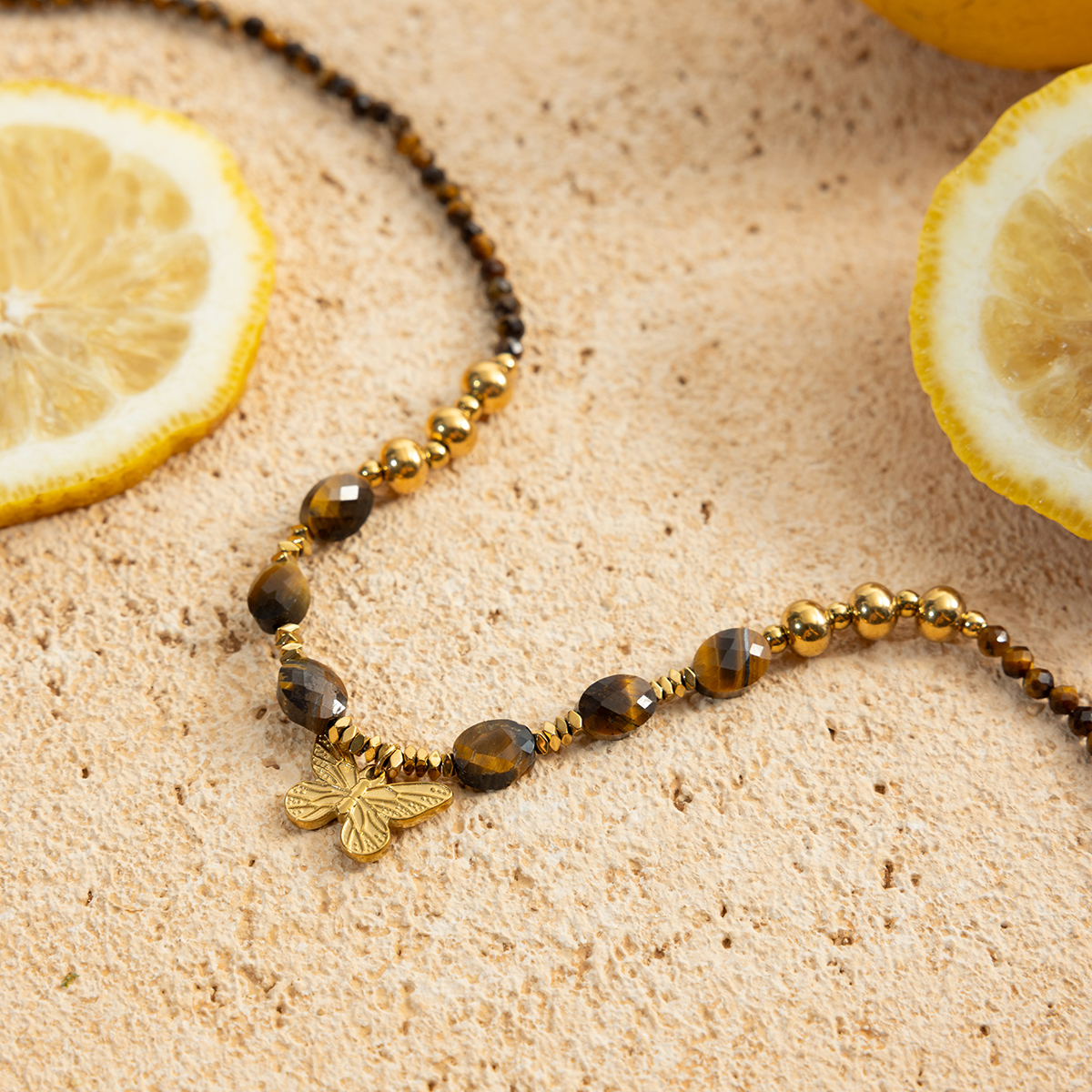 Ladies Classic Style 18K Gold Stainless Steel Butterfly Pendant Tiger Eye Stone Beaded Necklace 42+5CM Butterfly Chain Design