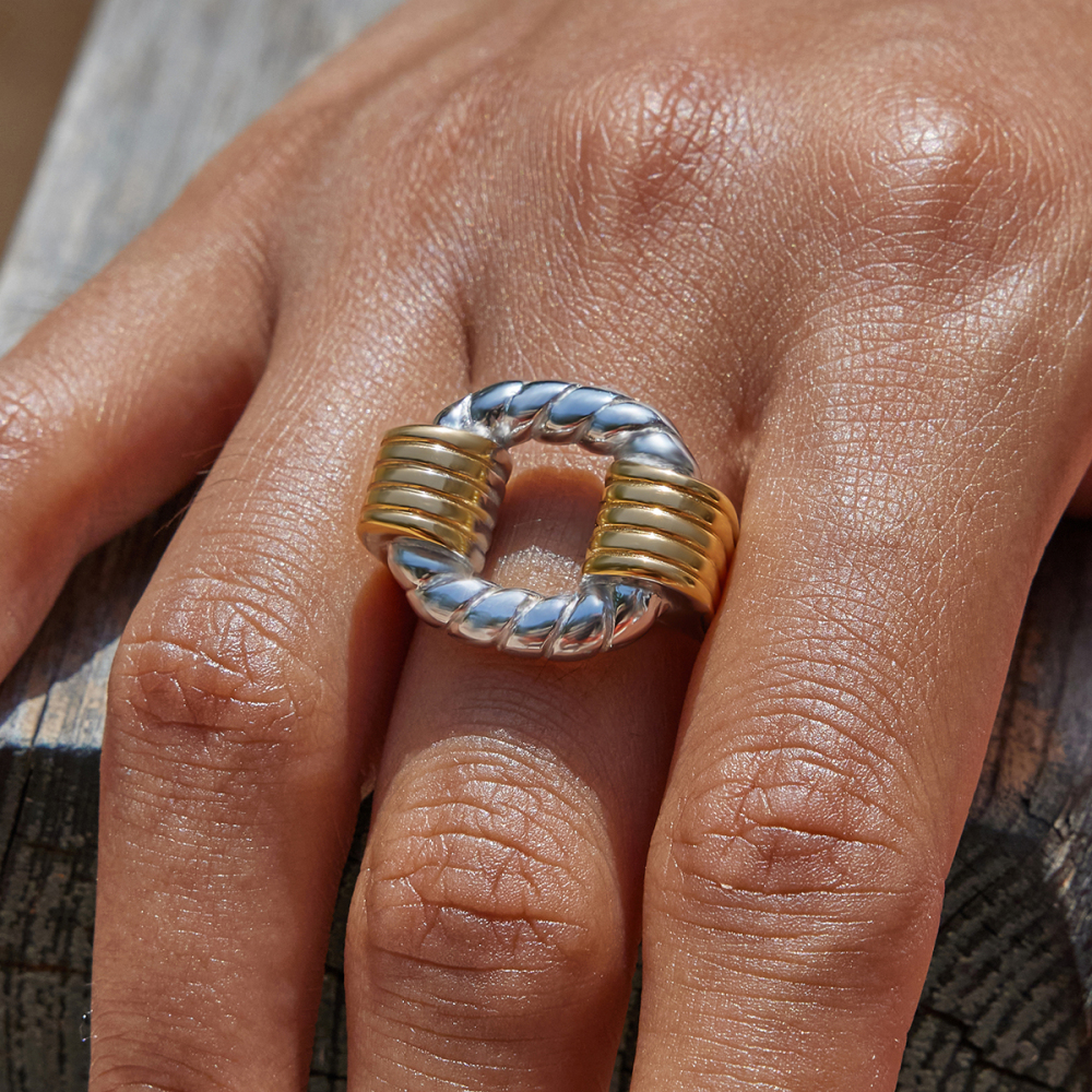 Ladies Classic Style Stainless Steel Hollow Out Open Ring Gold And Silver Color Block Twisted Wire Design Adjustable Size