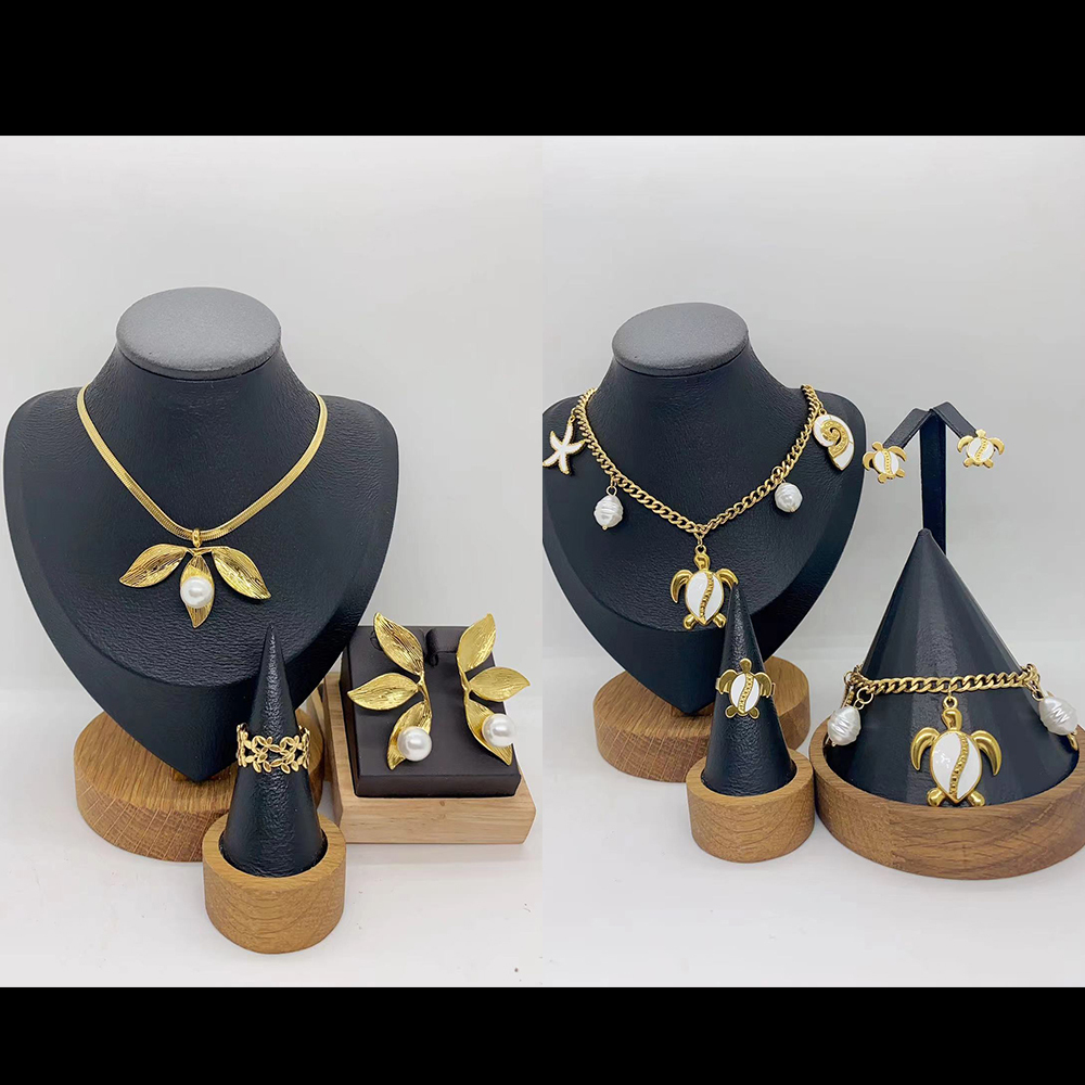 European And American Fashion Trend Ins Style Exaggerated 304 Stainless Steel Leaf Turtle Conch Starfish Necklace Earrings Ring Bracelet Set