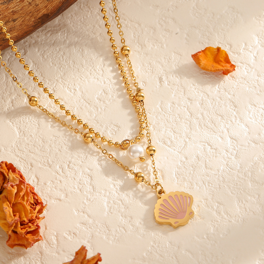 Two-Layer Oregon Drip Oil Cartoon Penguin Pearl Necklace Shell Sea Turtle Fish Ocean Animal Jewelry Accessories Stainless Steel