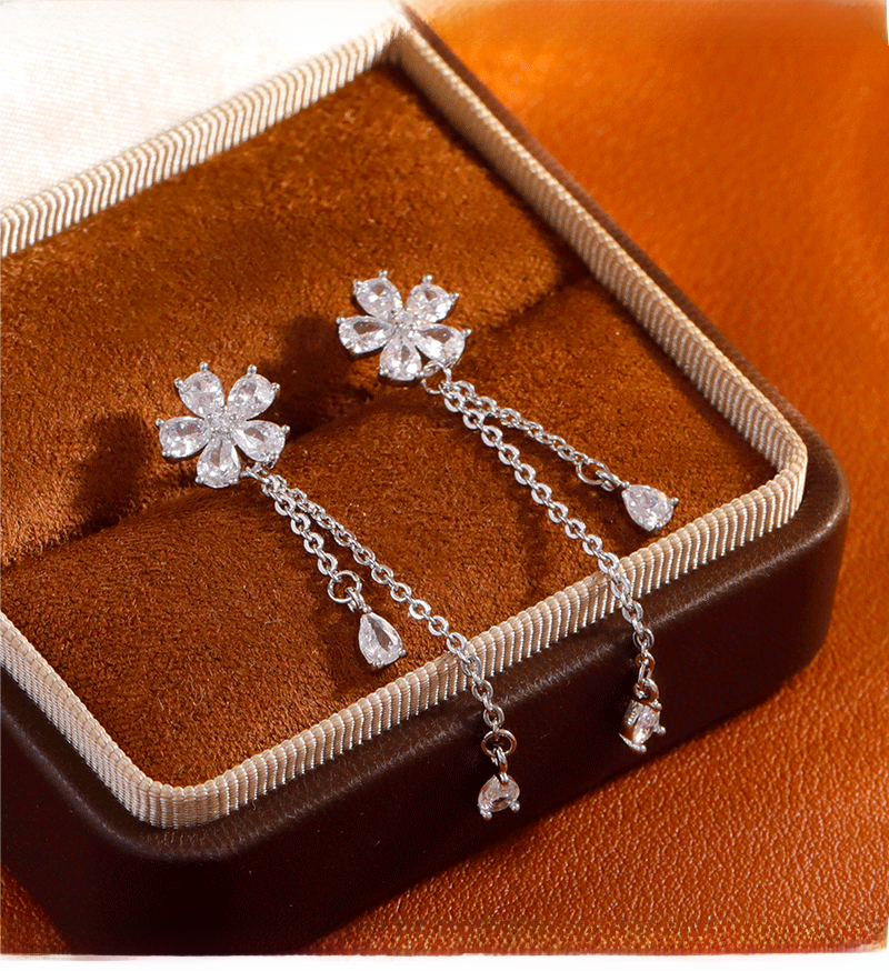 New Luxury Commuter Zircon Flower Earrings Fashionable Elegant Tassel Waterdrop High-End Feelings Women's Jewelry Accessories