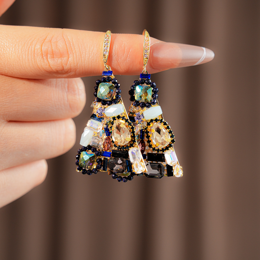 Elegant Triangular Zircon Hoop Earrings Versatile Fashionable Retro Ethnic Style Women's Jewelry Geometric Pattern Durable
