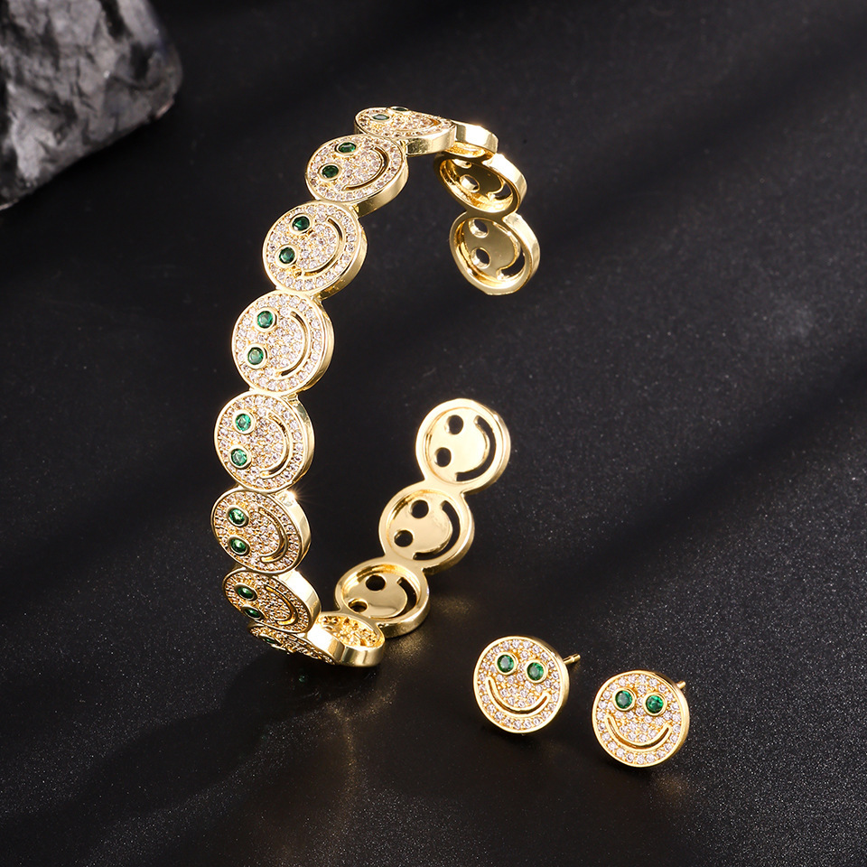Elegant Smiling Face Micro-Paved Diamond Fashion Open Hand Bracelet Ring Set Versatile Zircon Match All Yellow Copper OL Style