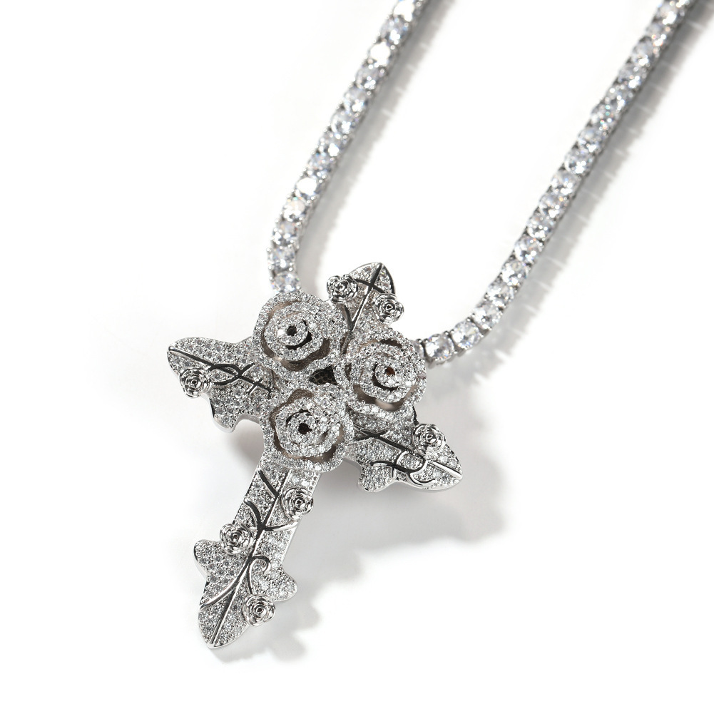 Fashion Style Rose Cross Zircon Pendant Twisted Chain Necklace Unisex Couple Accessories Geometric Pattern Copper Material
