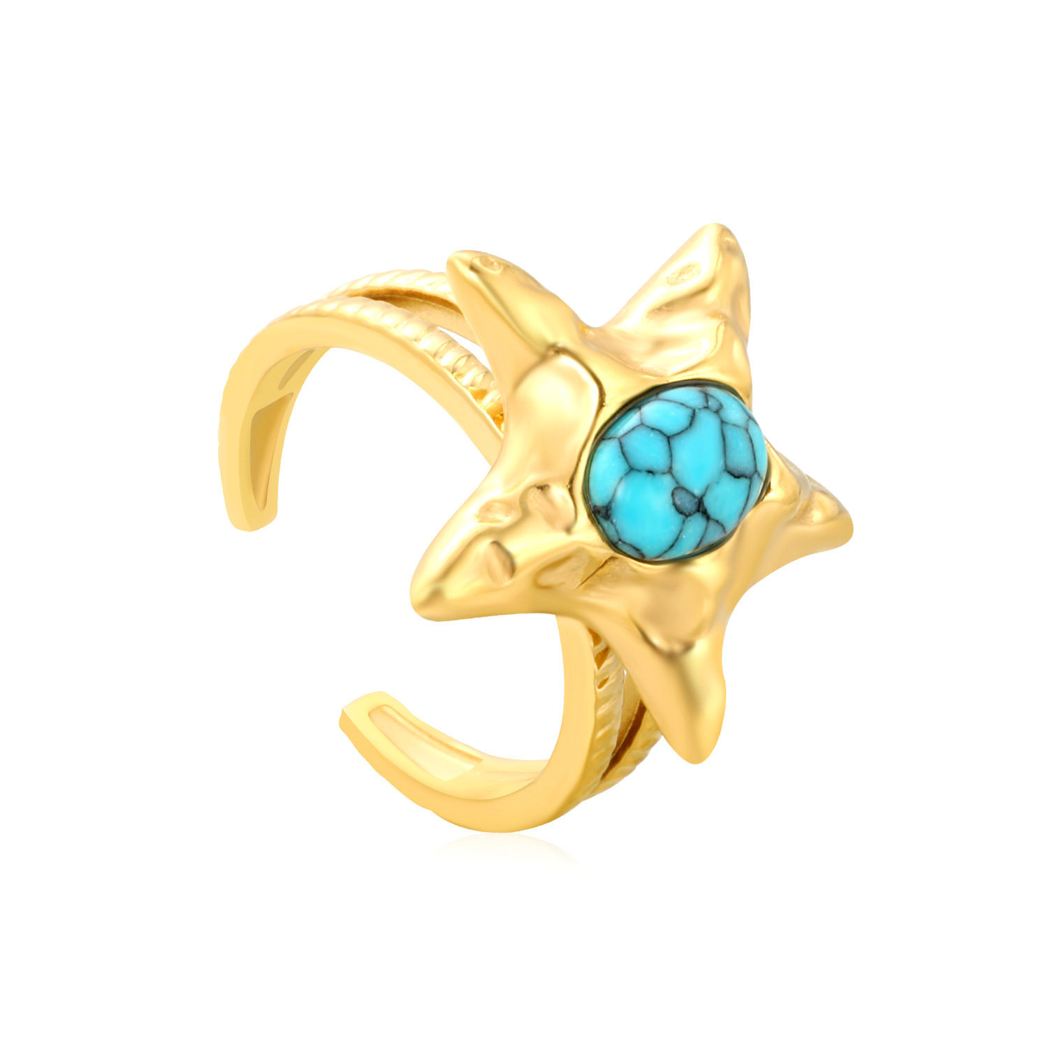 Graceful Vintage Open Ring Turquoise Star Design 304 Stainless Steel Starfish Ring Women's Fashion Jewelry Accessories Ocean Style