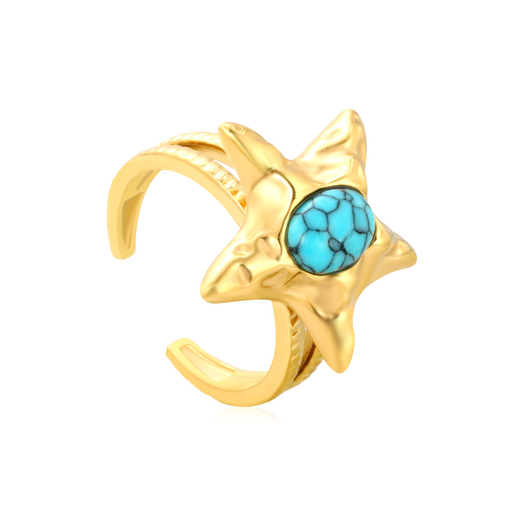 Graceful Vintage Open Ring Turquoise Star Design 304 Stainless Steel Starfish Ring Women's Fashion Jewelry Accessories Ocean Style