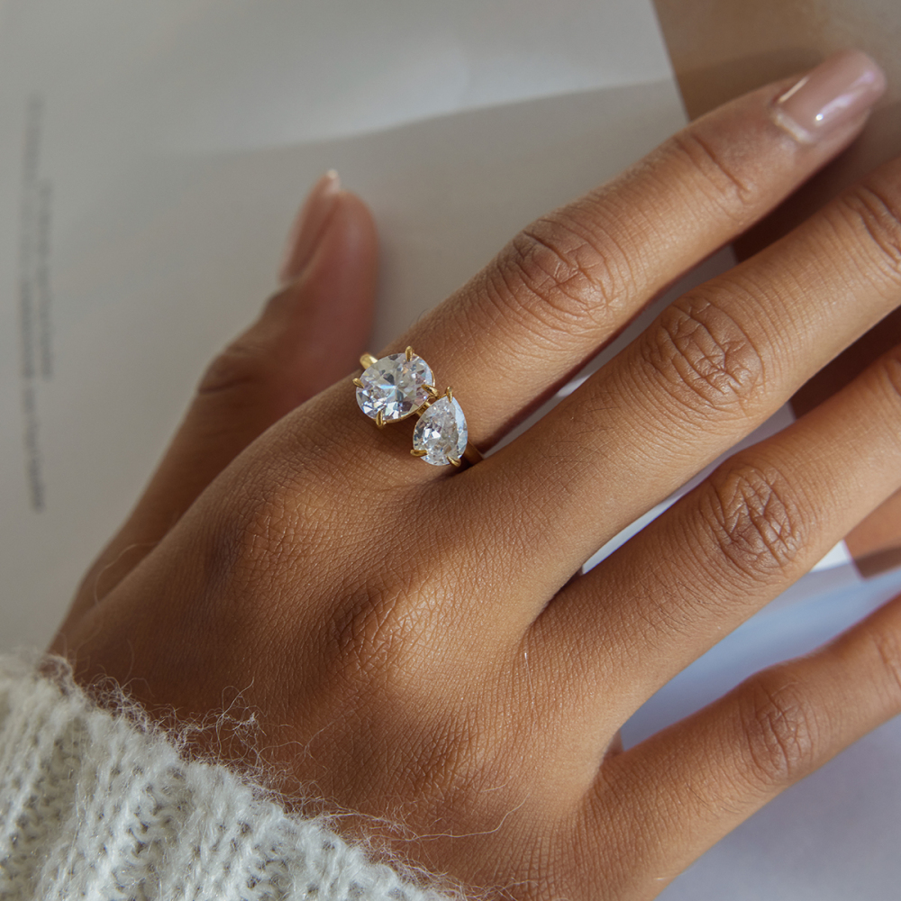 Women's Classic Style 18K Gold Stainless Steel + Zircon White Water Drop Zircon Ring Size 7