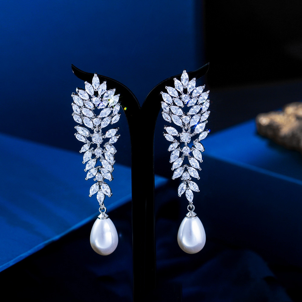 Elegant Long Pearl Drop Earrings With Sparkling Zircon Copper Design Wedding Party Date Festival Fashion Jewelry Accessories