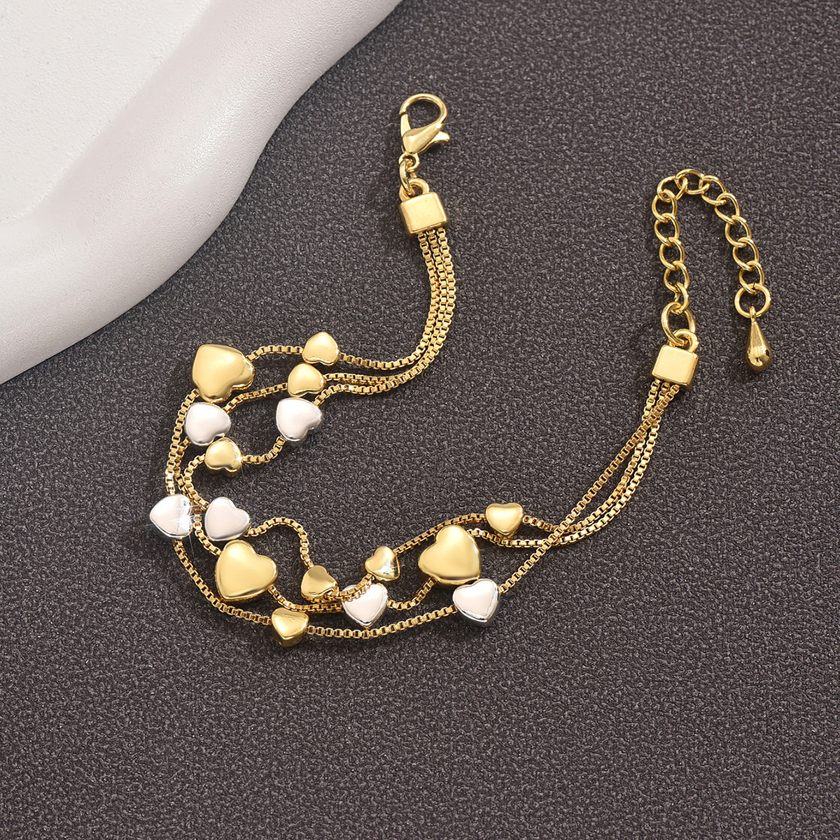 Multi-Layer Geometric Heart Shaped Women's Fashion Copper Bracelet Plated In Gold And Silver Ins Style Flexible Hand Accessory