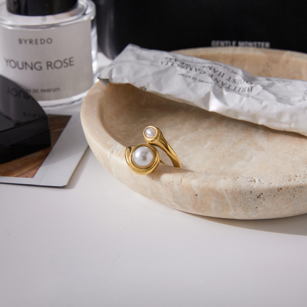 Elegant Open Ring For Ladies Resin Pearl Stainless Steel 18K Gold Vacuum Plating Pearl Pattern High Quality 304 Stainless Steel