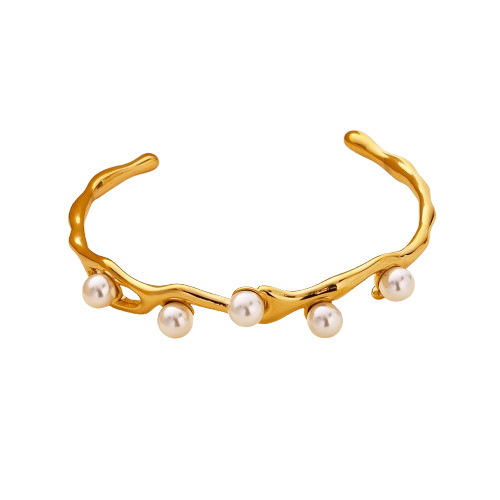 Elegant C-shaped Pearl Inlaid Titanium Steel Bracelet Women's Accessories Vintage French Style Rose Gold