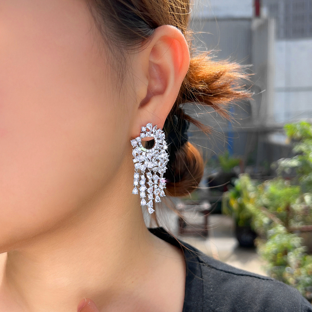 Elegant Long Tassel Zirconium Stone Copper Earrings Wedding Suitable Women's Date Jewelry Accessories Polished Finish