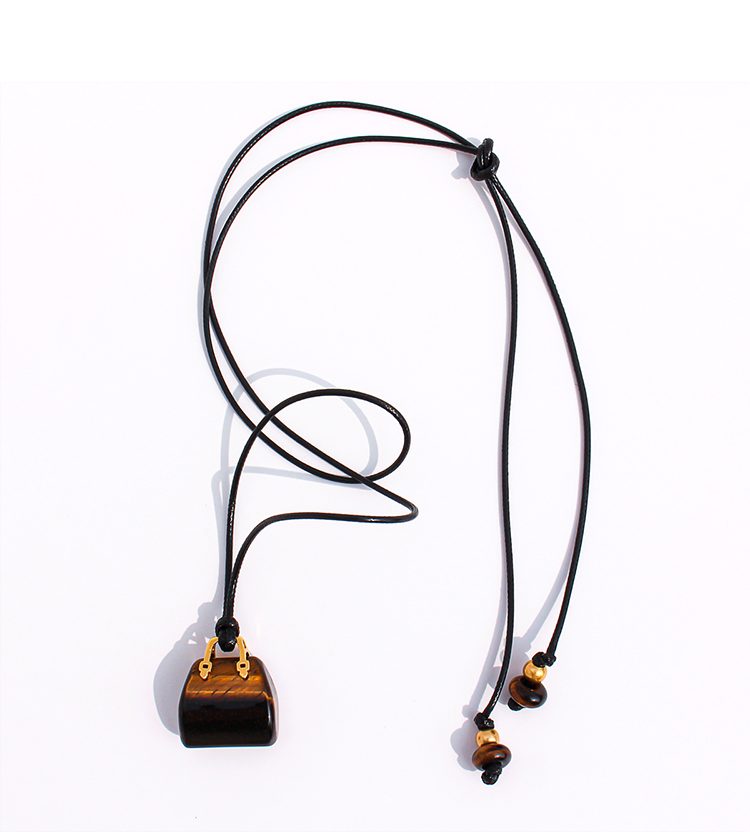 Natural Spotted Tiger Eye Stone Pendant Leather Rope Casual Long Necklace Adjustable Self-tying Sweater Chain Fashionable Ladies Holiday Style Accessories