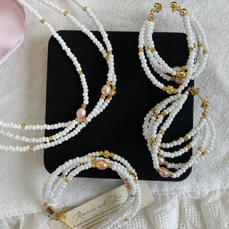 Natural Pink Freshwater Pearl Beaded Necklace Bracelet Earring Set Women's French Braided Accessories Geometric Pattern Irregular Design Electroplated Copper