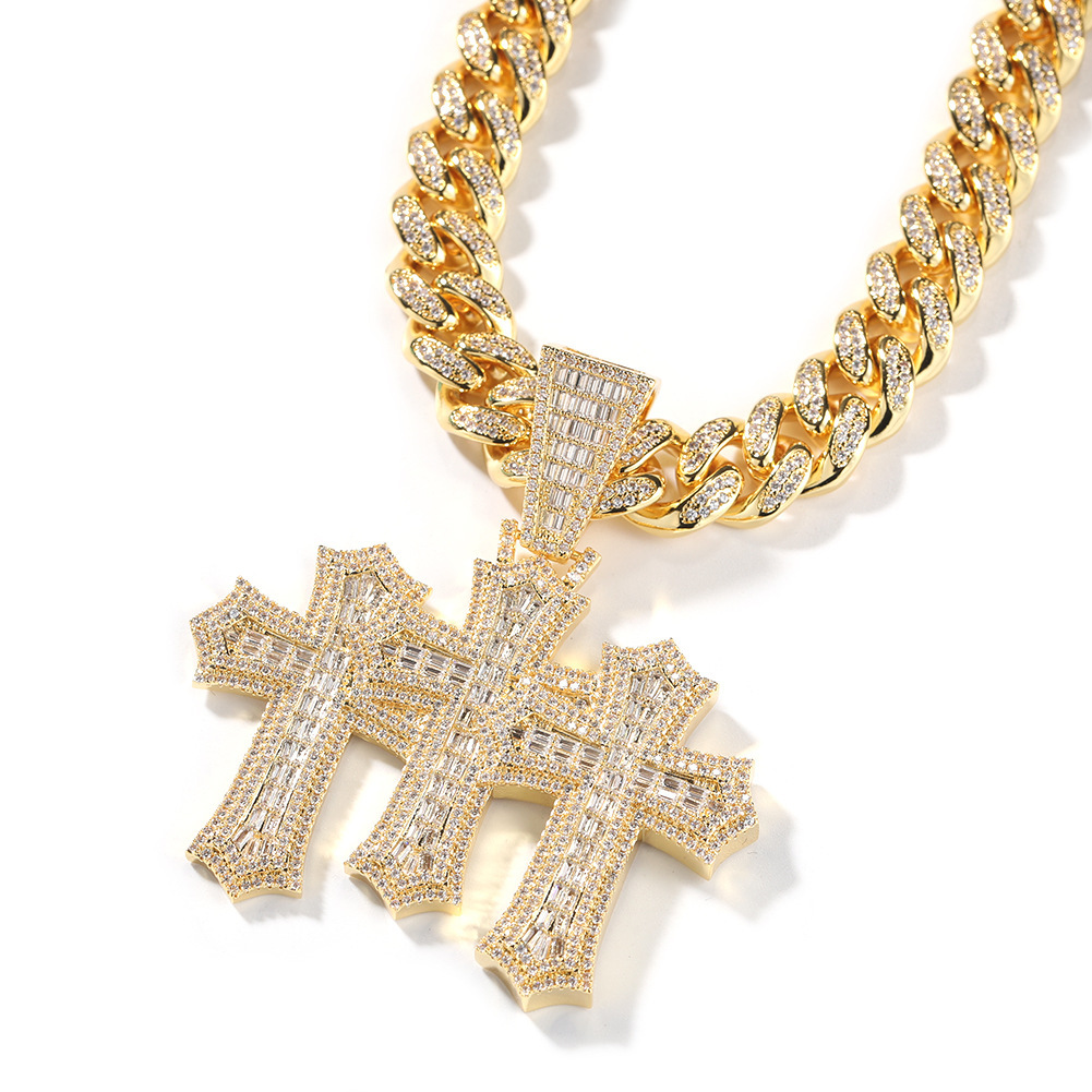 Hip Hop Cross Pendant Necklace Set Cuban Chain Zirconia Embedded Copper Geometric Patterned Jewelry For Men And Women