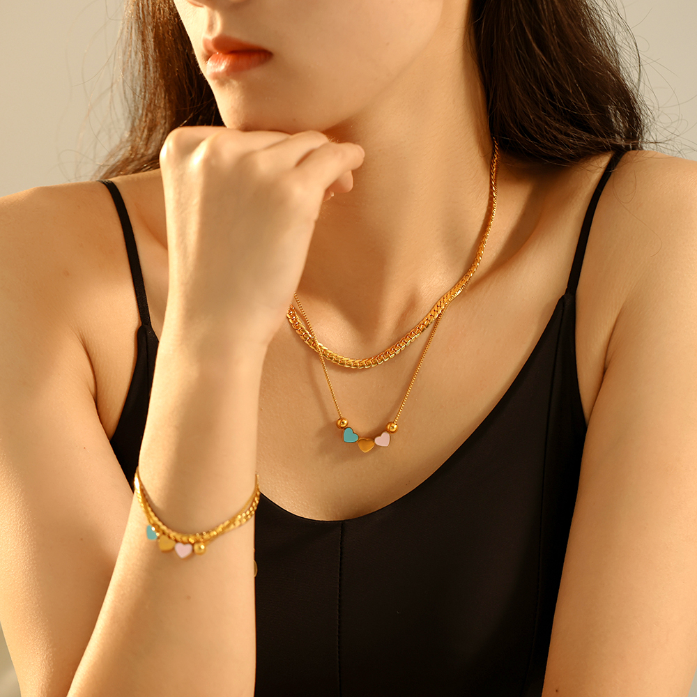 304 Stainless Steel Heart Shape PVD Coated Real Gold Plated Retro Vacation Waterproof Non Tarnish Enamel Bracelets Necklace
