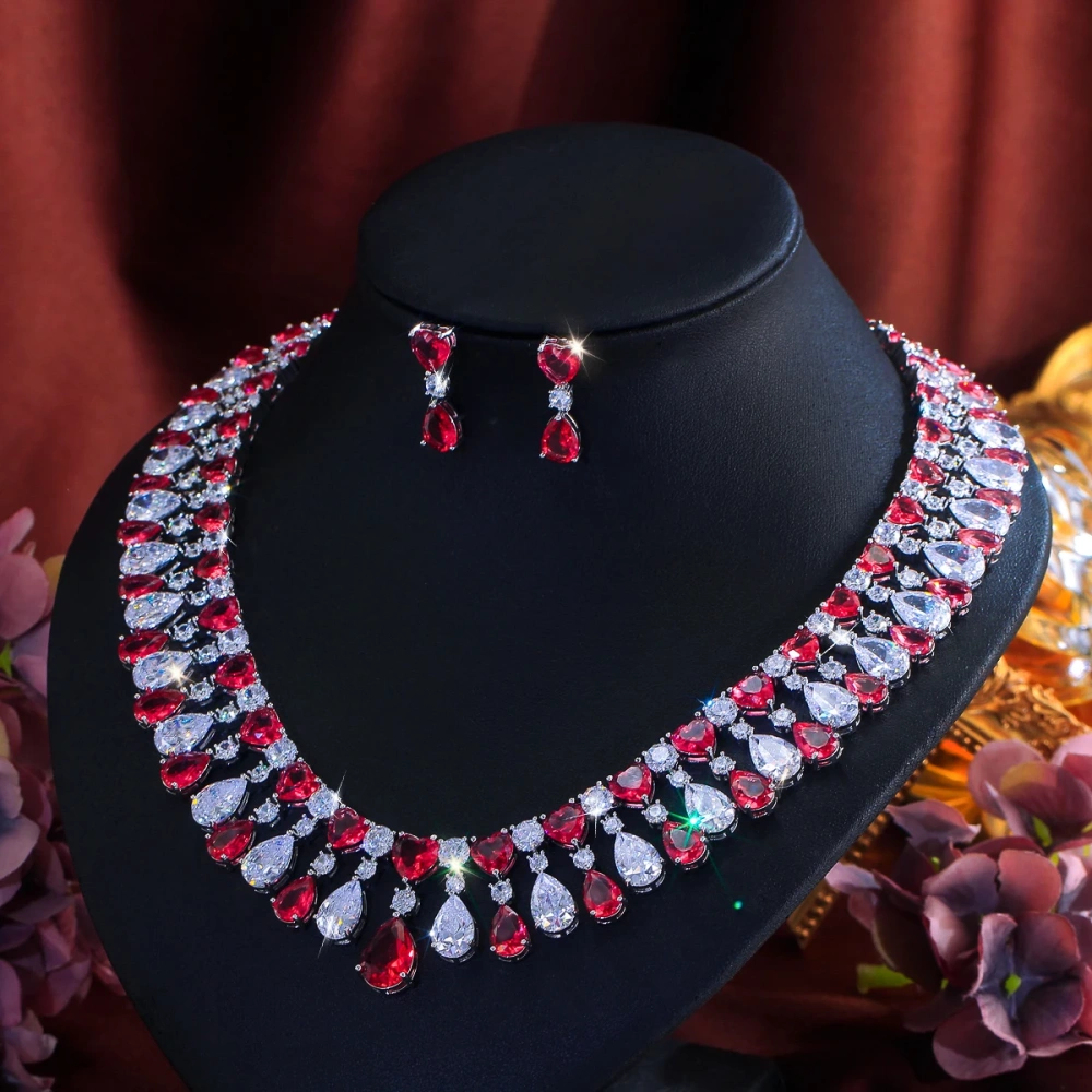 Water Plated White Gold Inlaid Red Cubic Zirconia Water Drop Shape Copper Material Women's Jewelry Set With Safety Clasp Tennis Chain (Full Diamond Chain)