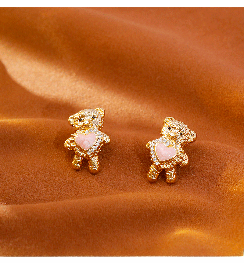 Delicate Bear Design Earrings With Zircon Heart Commuter Sweet Cute Style New Arrival Fashionable Women's Jewelry Accessories
