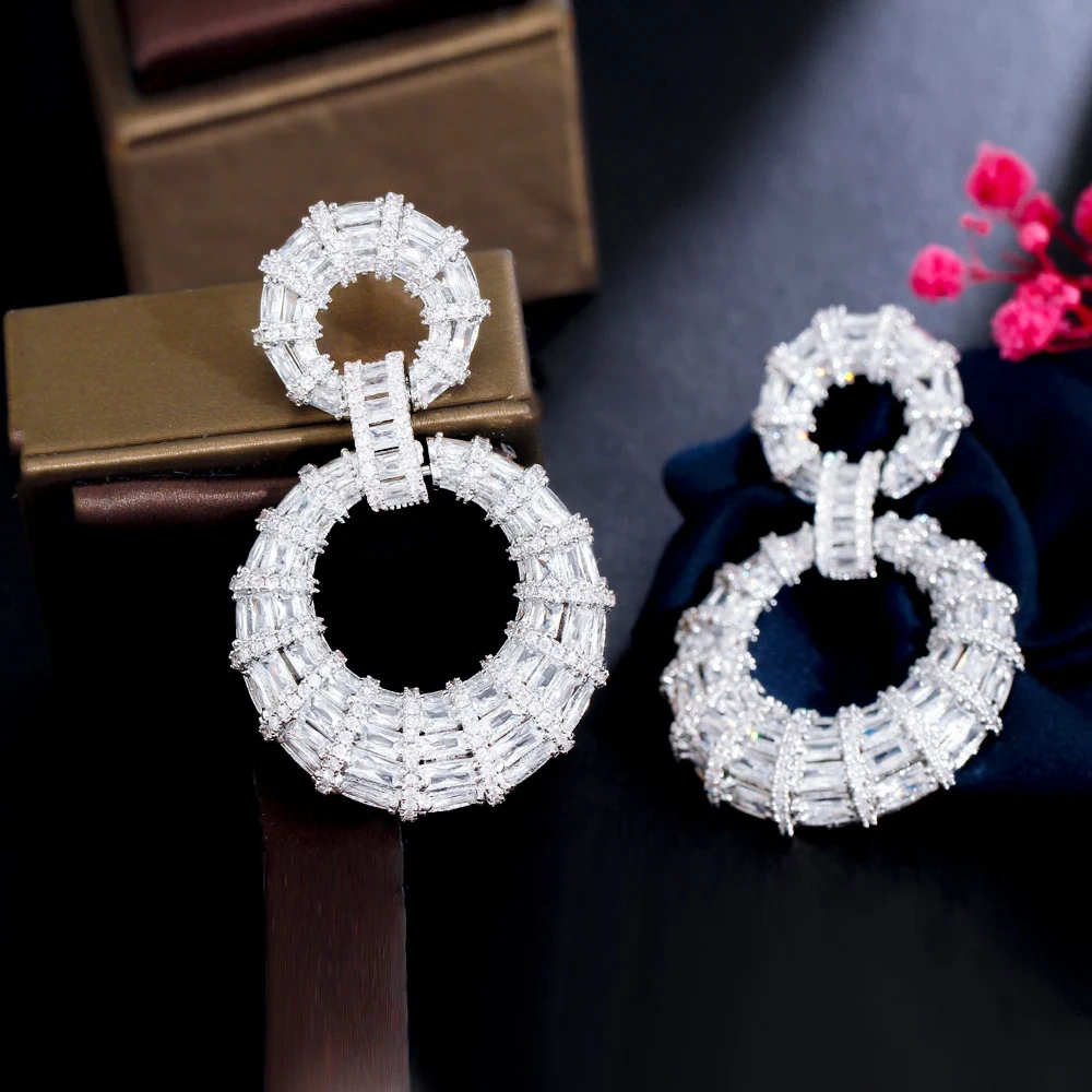 Copper Style Earrings Women Plated White Gold Thick Long Large Round Hoop Dangle Earrings Luxury Zircon Bridal Wedding Jewelry Accessories