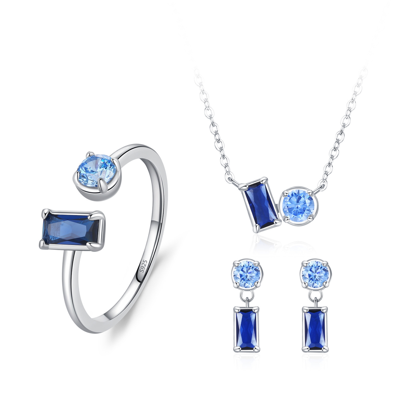 New S925 Sterling Silver Elegant Sapphire Square Round Diamond Ear Stud Necklace Ring Fashion Temperament Jewelry Suit