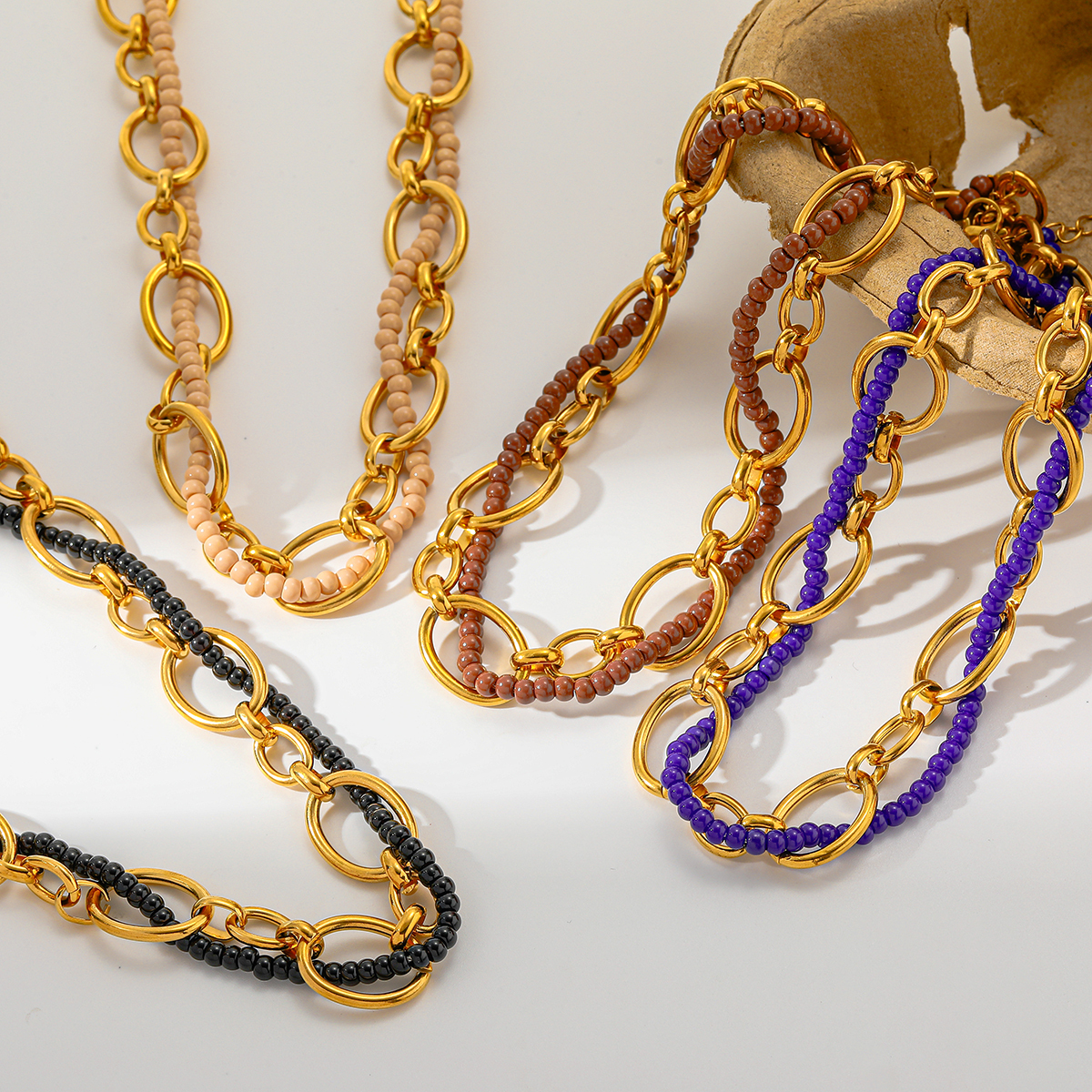 Simple Design 18K Gold Plated Stainless Steel Rice Bead Round Beaded Necklace Casual Romantic Classic Style Lobster Clasp