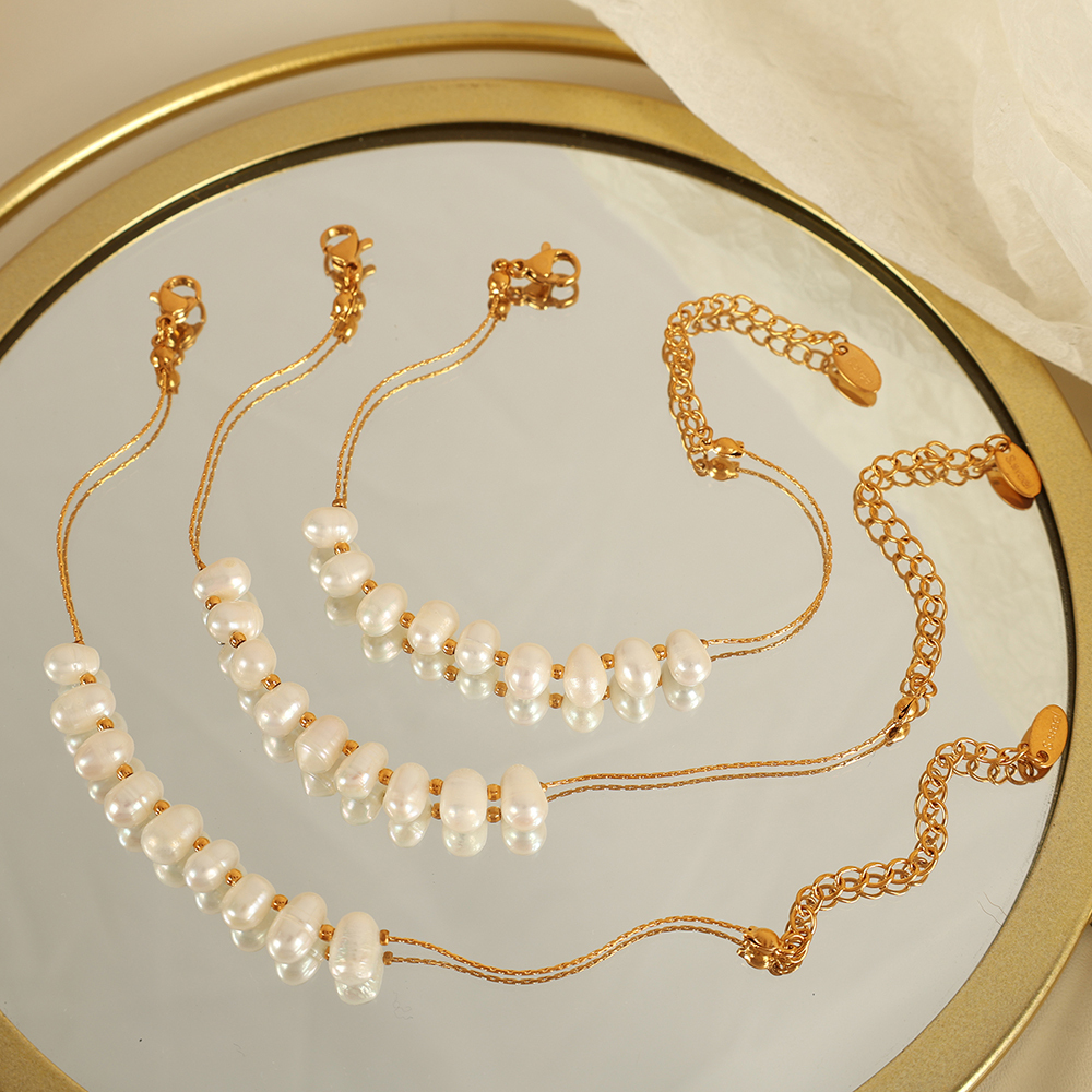 Women's 304 Stainless Steel Ion Plating (IP) 18K Gold Plated Beaded Polishing Plating Oval Freshwater Pearl Bracelets Imitation Pearl Jewelry