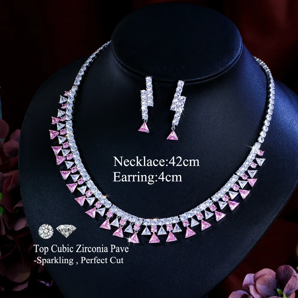 White Plated Gold Geometric Shape Inlaid White Zircon Necklace Earring Set For Women Copper Jewelry Two-Piece Set Water Plated Tennis Chain (Full Diamond Chain) Jewelry Set For Women