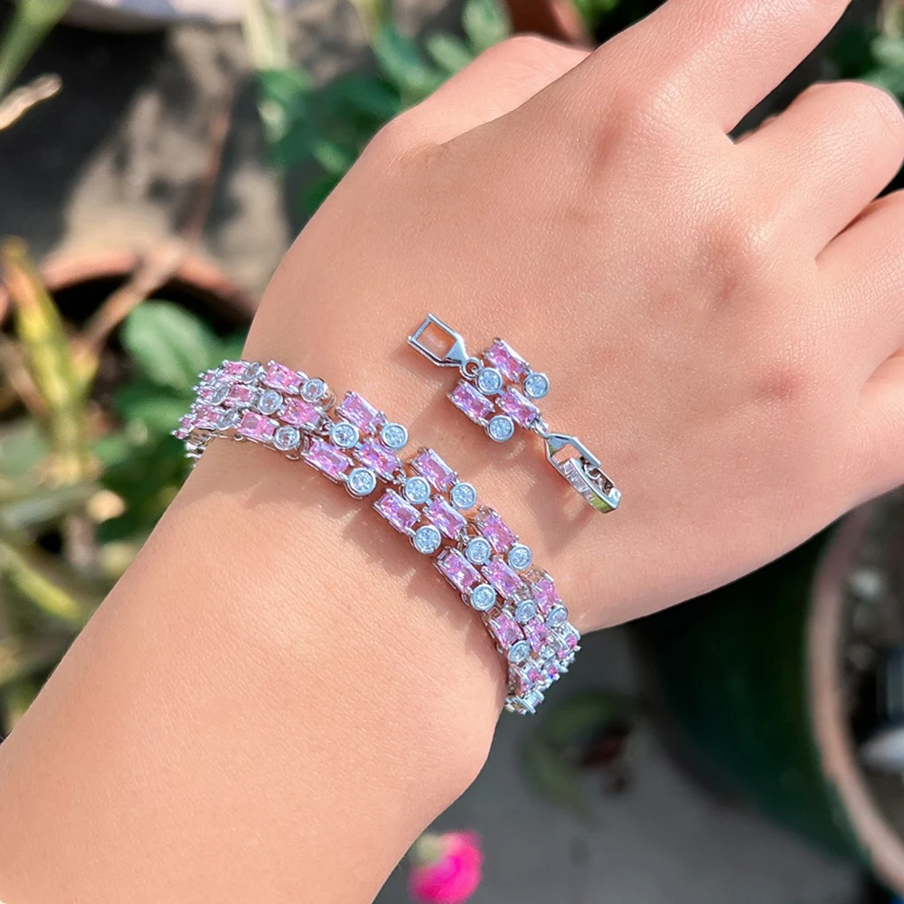 Geometric Shiny Pink Cubic Zirconia Big Wide Bracelets Bangles For Women Wedding Engagement Jewelry Accessories