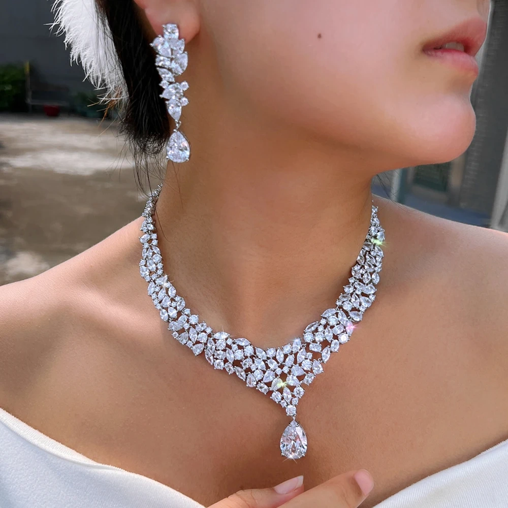Copper Style White Gold Cubic Zirconia Necklace Earrings Two-Piece Set Shiny Water Drop Shaped Jewelry Set Suitable For Female Bride Party Banquet Wedding Wear