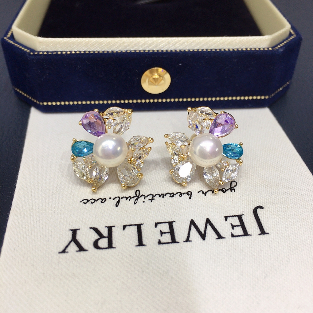 Natural Freshwater Pearl Earrings Women's Colorful Crystal Zircon Flower Pearl Studs Elegant Jewelry Accessories