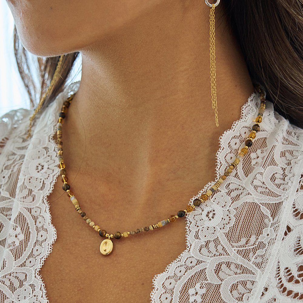 Ladies Classic Style 18K Gold Plated Stainless Steel Oval Pendant Tiger Eye Stone Crystal Natural Gemstone Beaded Necklace