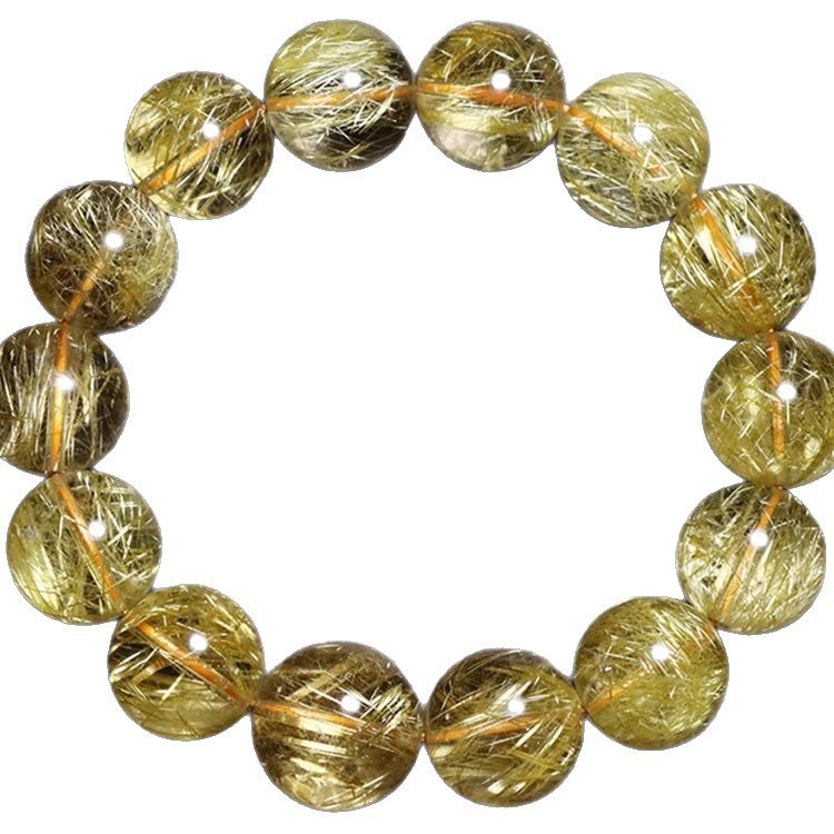 Natural Brazilian Gold Hair Crystal Bracelet Unisex Yellow Quartz Titanium Crystal Geometric Pattern Polished Design Chinese Style