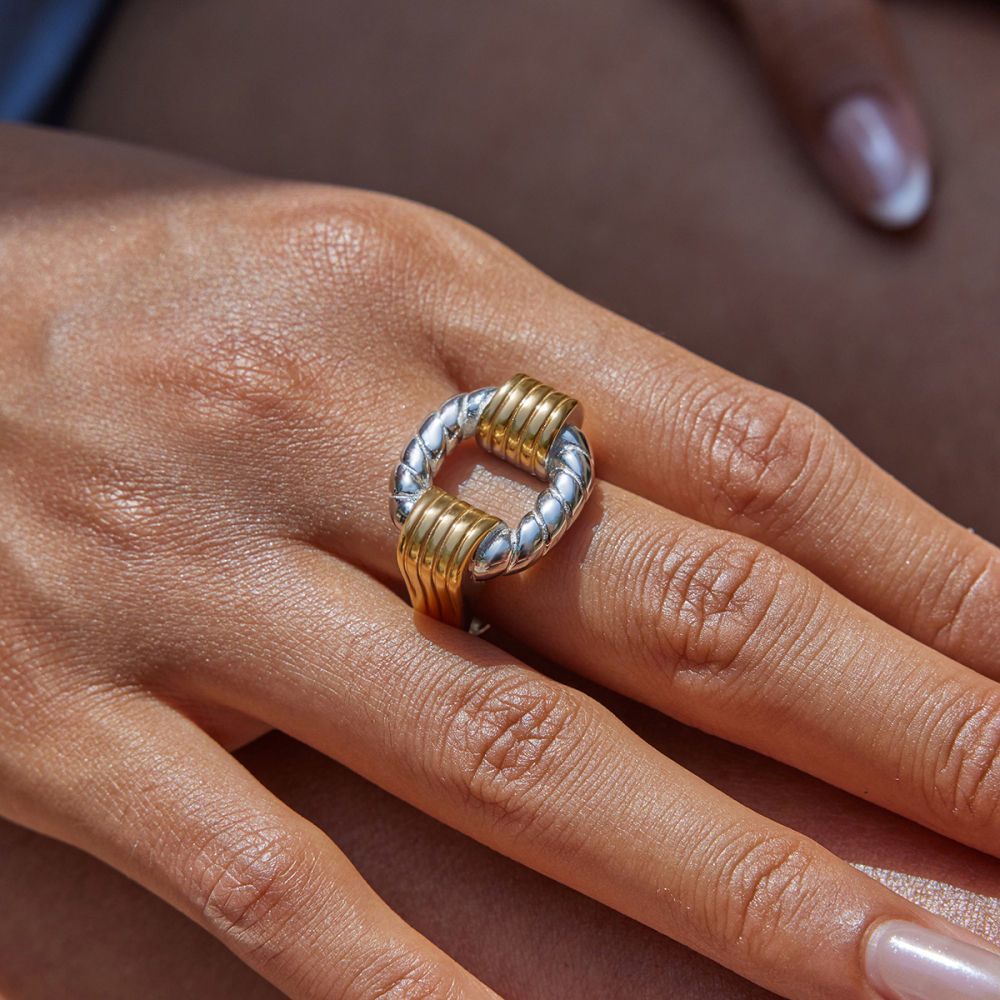 Ladies Classic Style Stainless Steel Hollow Out Open Ring Gold And Silver Color Block Twisted Wire Design Adjustable Size