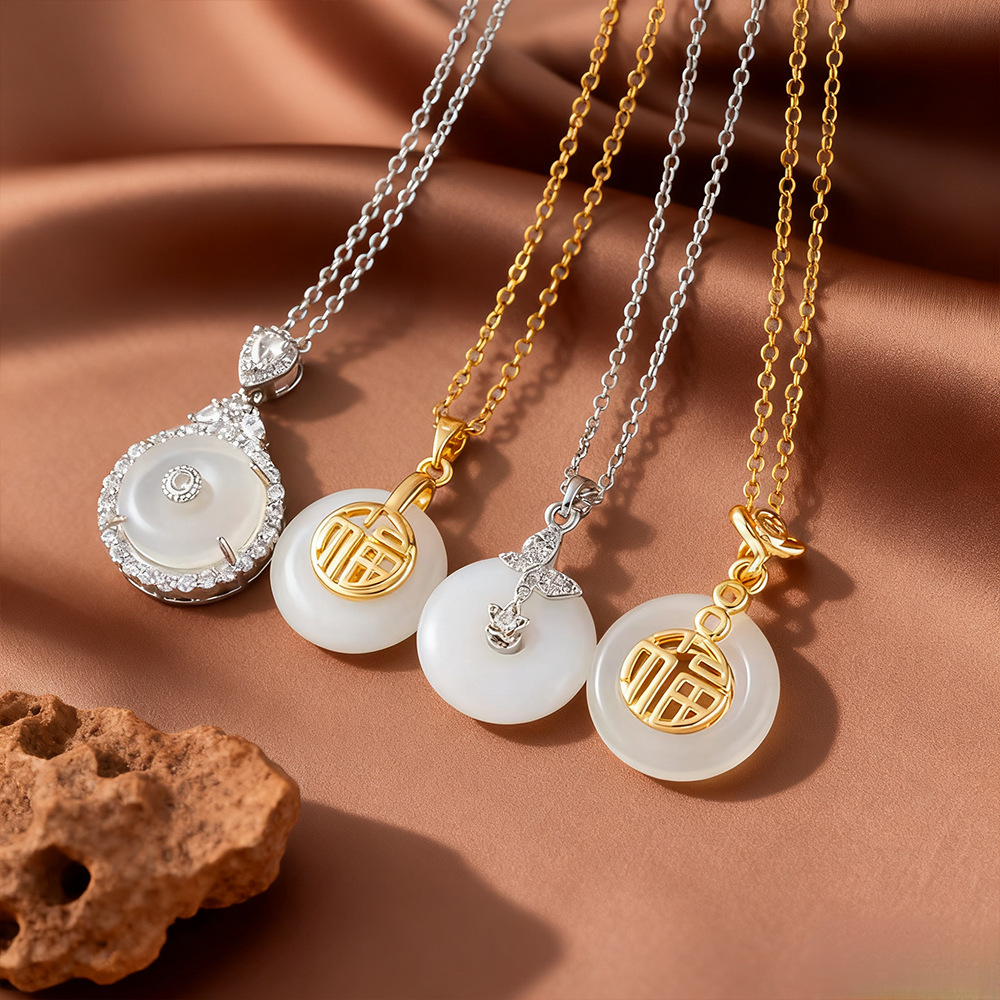 Design Women's Necklace Fu Zun Peace Buckle Imitation Agate Micro Inlay Pendant Clavicle Chain Geometric Copper Material