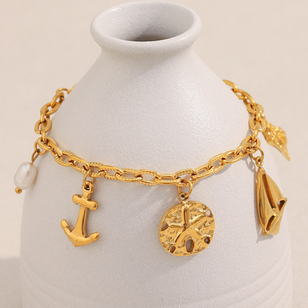 Summer Ocean Vacation Style Stainless Steel 18K Gold Plated Pendant Bracelet Fashionable Geometric Pattern Women's Jewelry