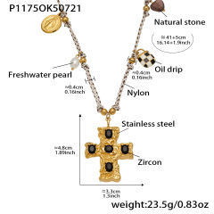 P1175-Black Zircon Cross Necklace 41 5cm